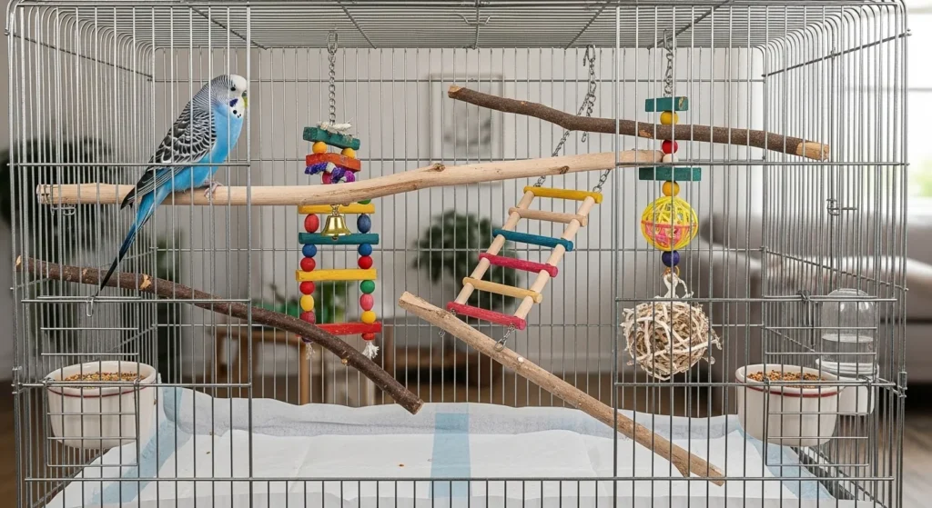 Parakeet cage with essentials.