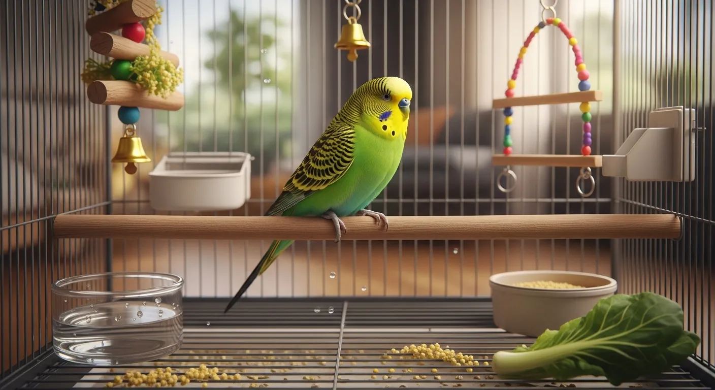 Eye-catching thumbnail of a colorful parakeet with care essentials.