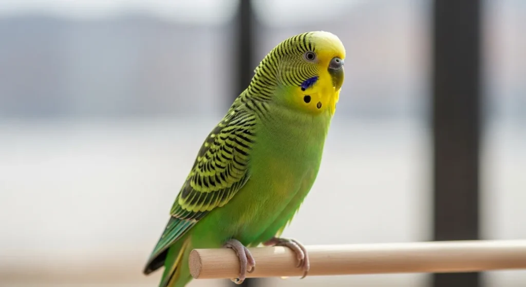 Close-up of a healthy green parakeet.