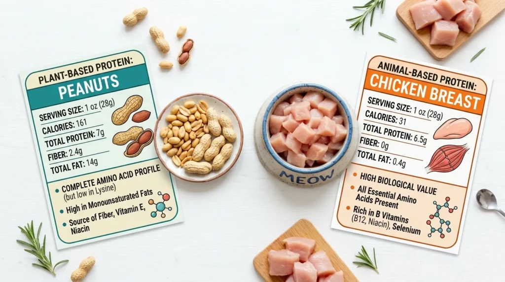 Peanut nutrition facts compared to a cat's animal protein diet requirements