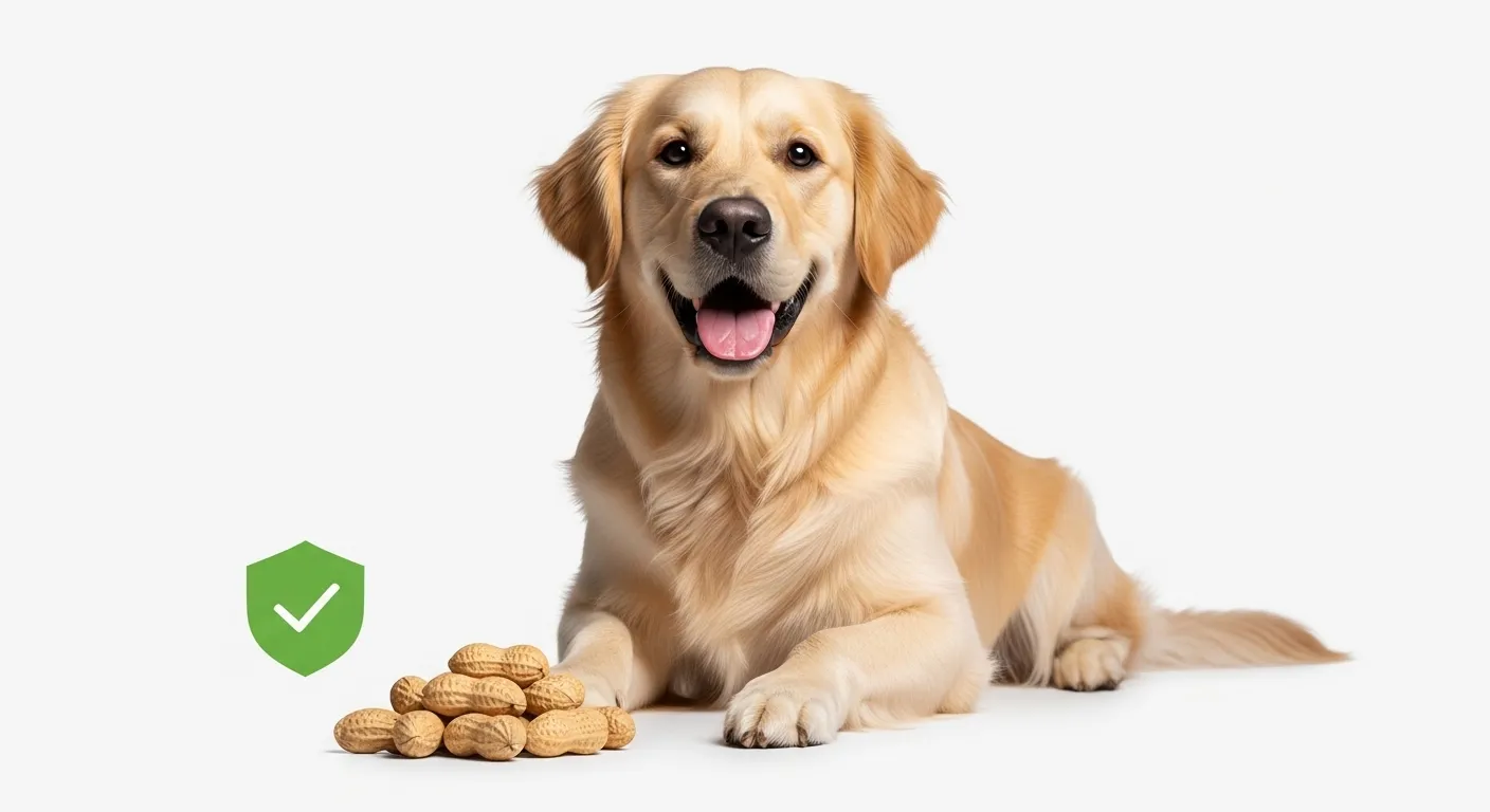 Happy dog beside shelled peanuts, representing safe treats.