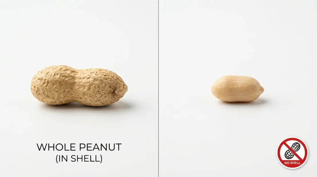 Shelled and unshelled peanuts side by side showing the safe option for cats
