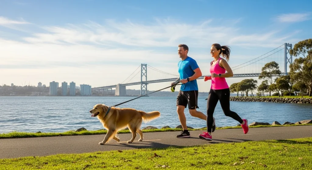 Man and woman running alongside a dog on leash near a bridge.