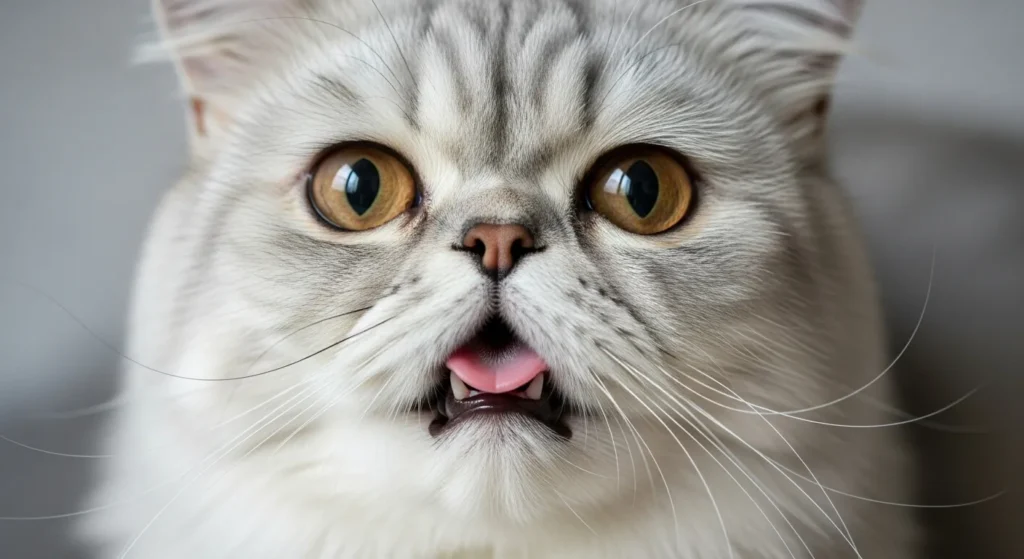 Flat-faced Persian cat panting lightly.