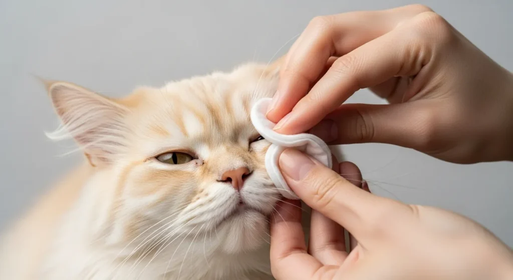 Owner wiping Persian cat's eye area.