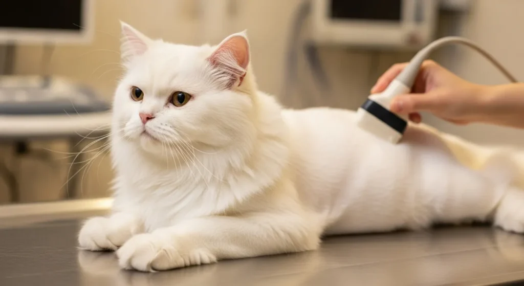 Persian cat getting ultrasound for PKD.