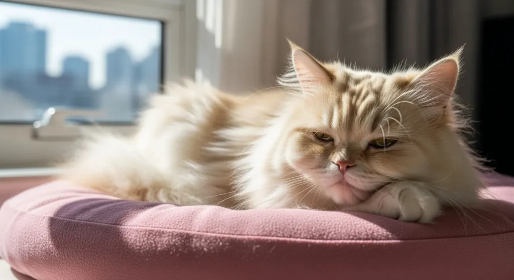 Persian cat with long fur resting on a cushion in a small apartment.