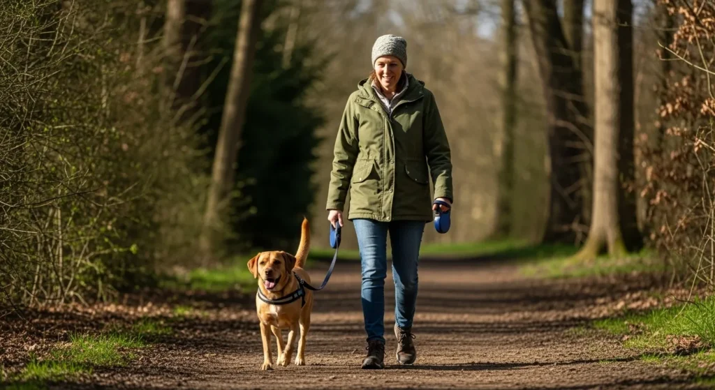 Person in green jacket leading dog on path in park.