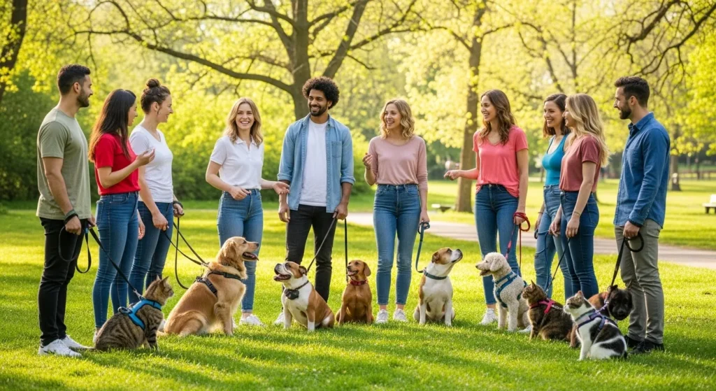 People with dogs and cats at an outdoor gathering.