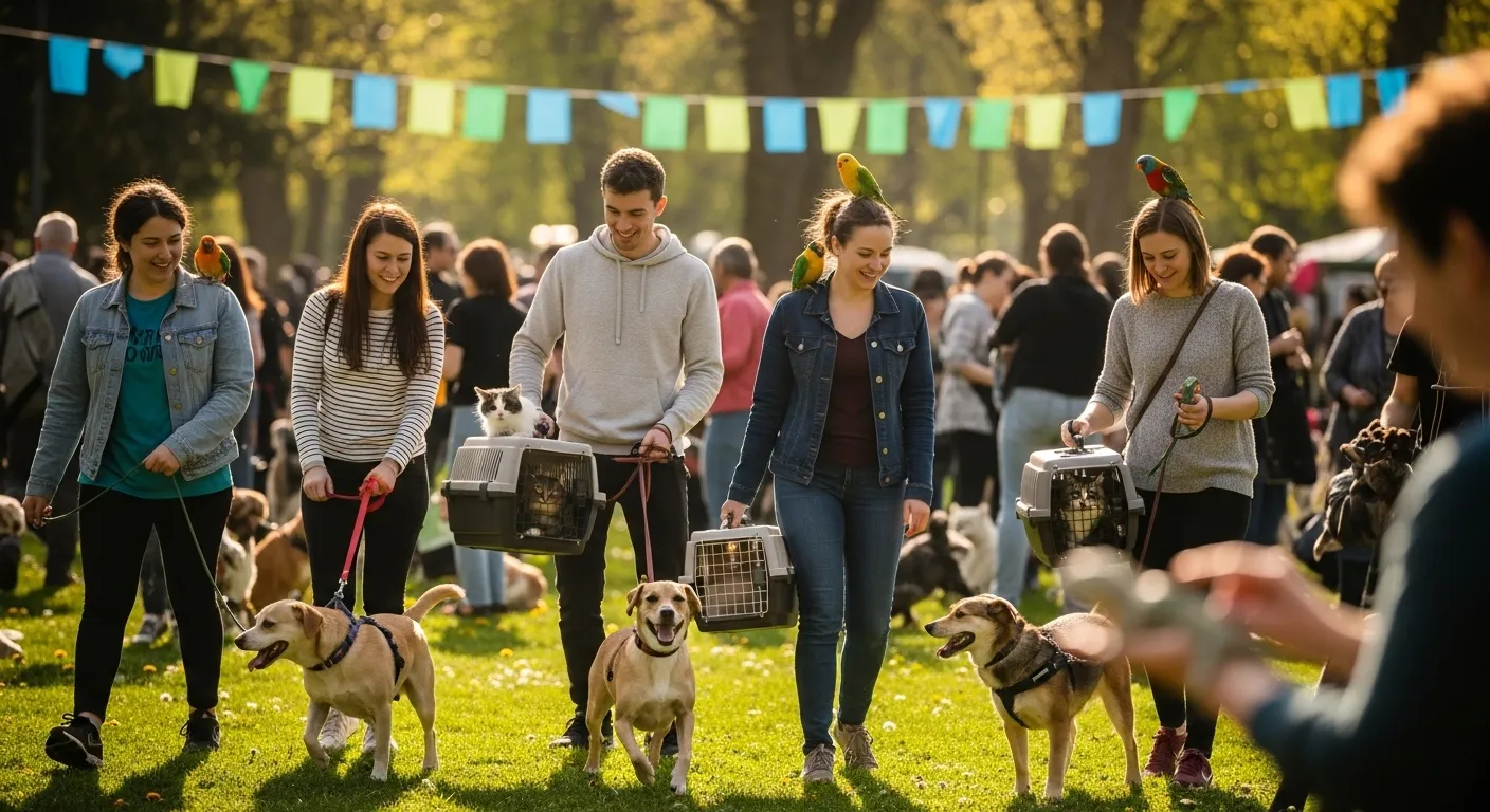 Diverse pets and owners enjoying a community gathering.