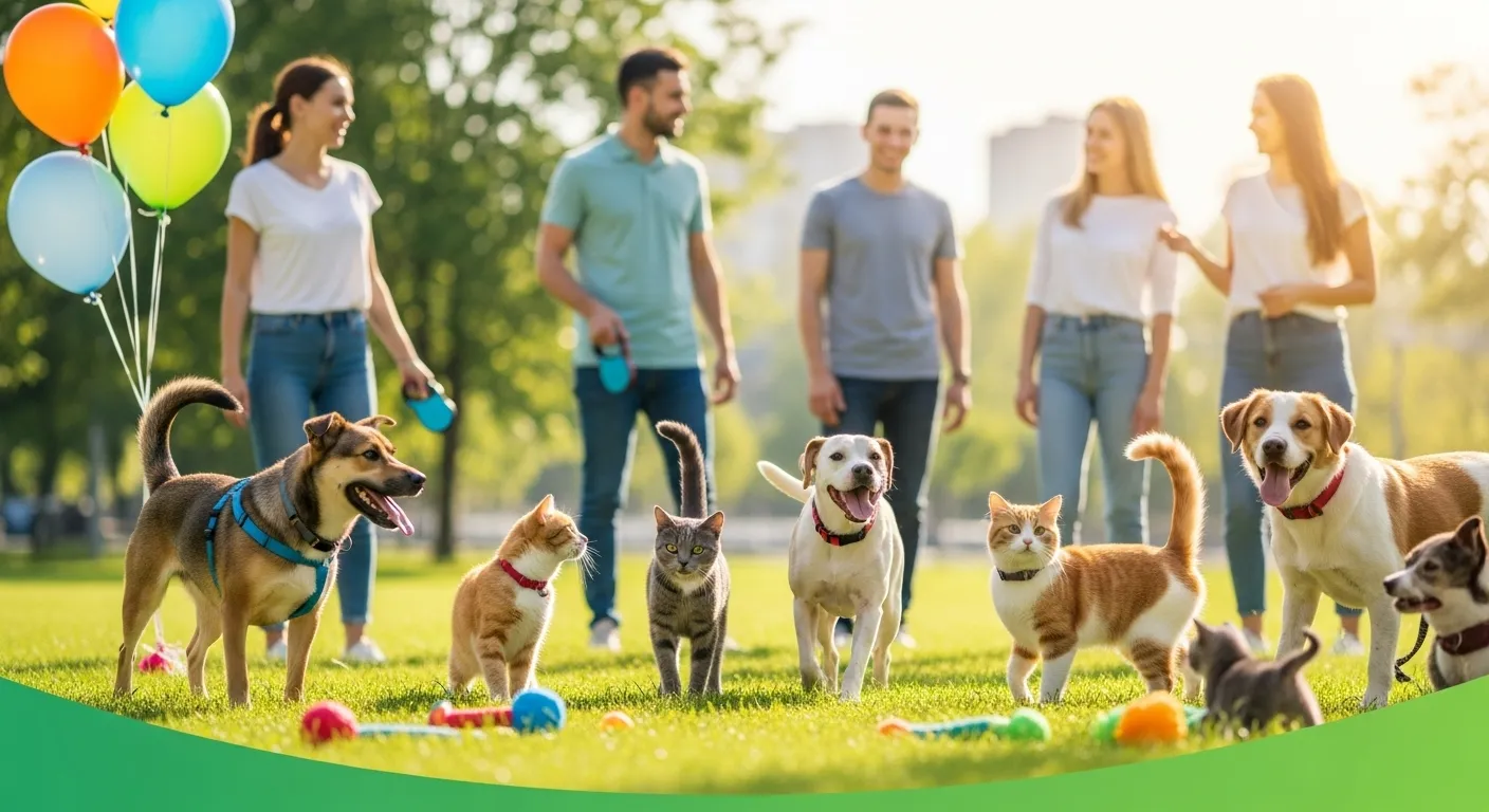 Group of dogs, cats, and people at a pet event in park.