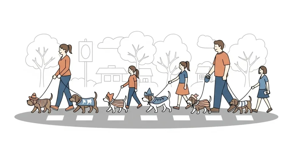 Line of dogs in costumes walking with owners.