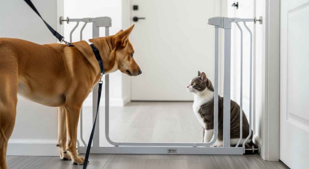 Dog and cat looking at each other across a baby gate.