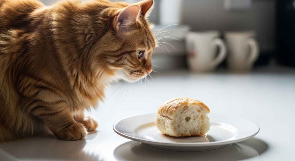 Plain white bread crumb near a curious cat.