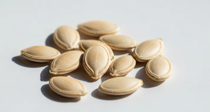 Close-up of unsalted pumpkin seeds on a white background.