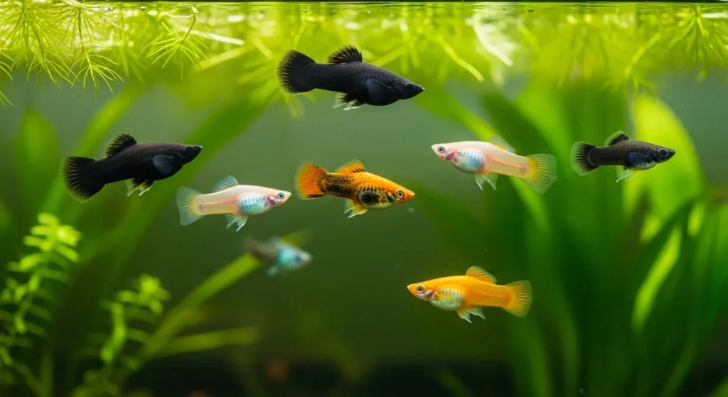 Colorful platies in tank.
