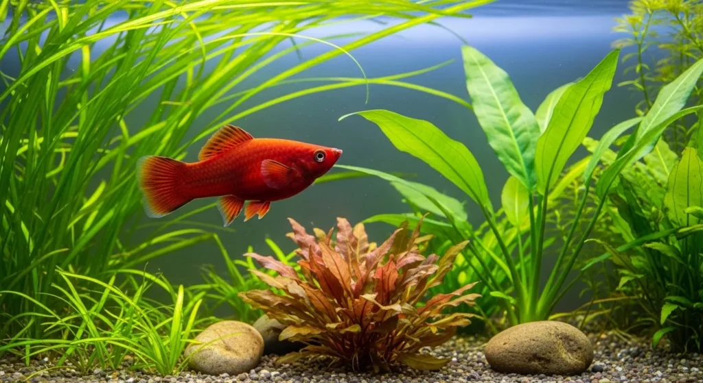 Red platy fish in easy-care tropical setup