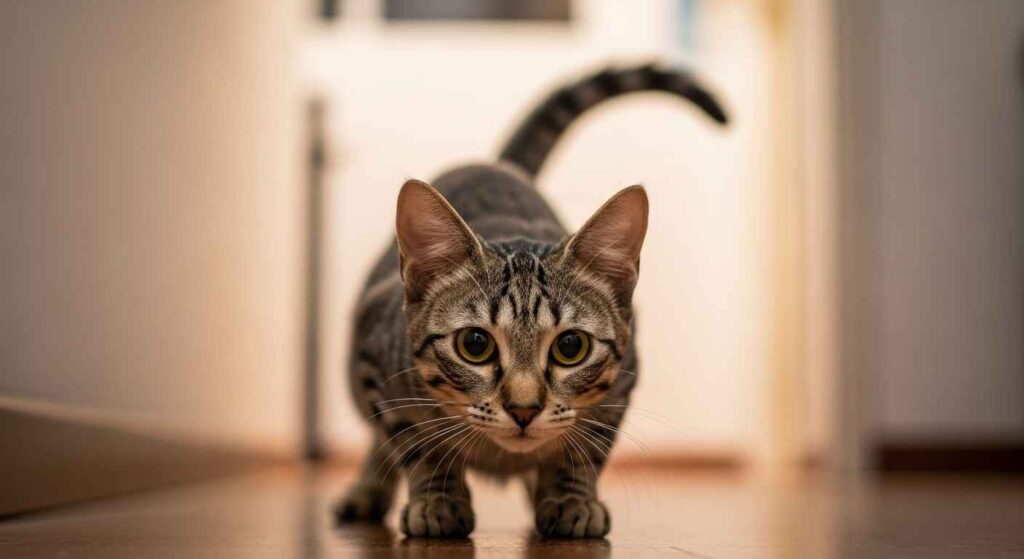 Cat in play pose staring.