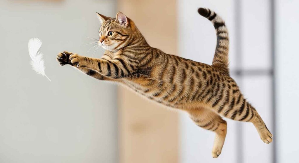 Tabby cat chasing a feather toy.