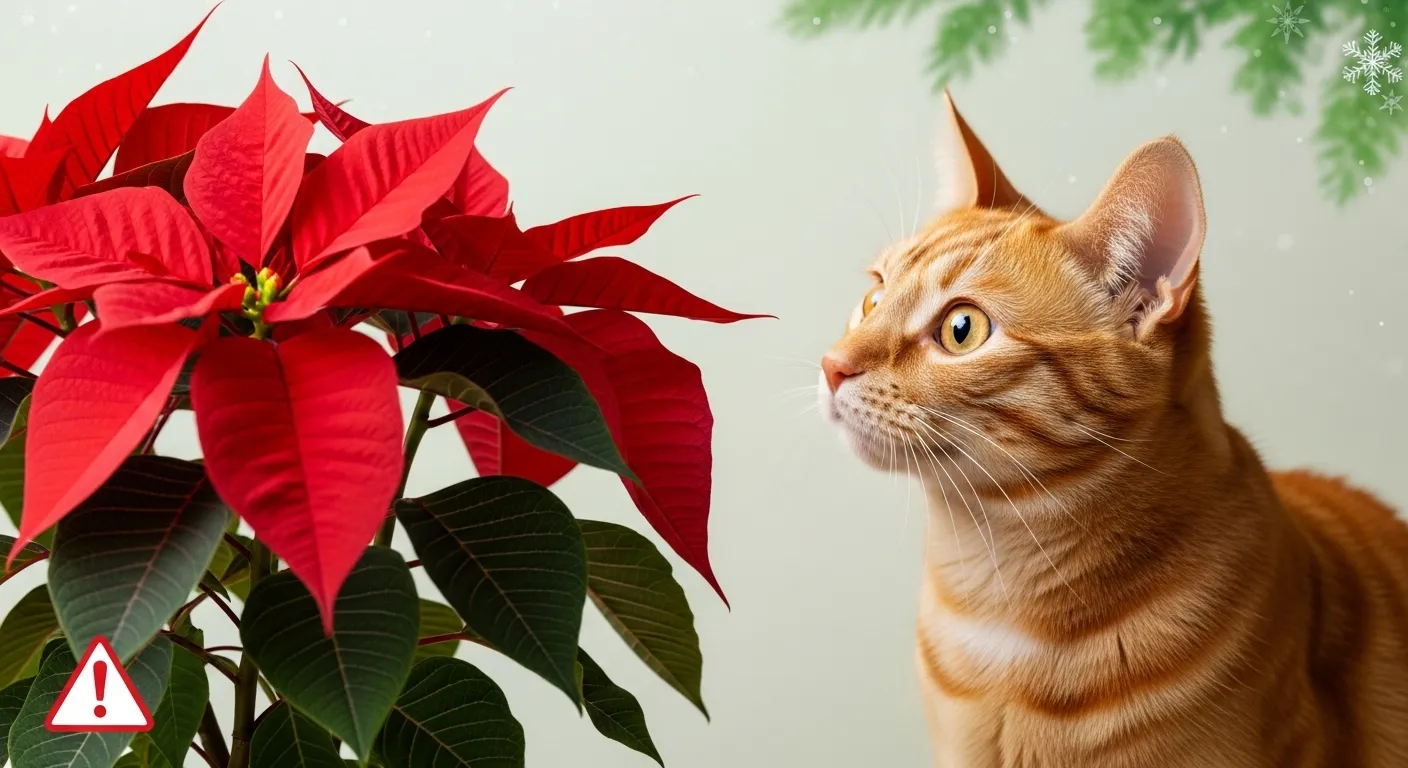Orange cat eyeing red poinsettia with caution sign.