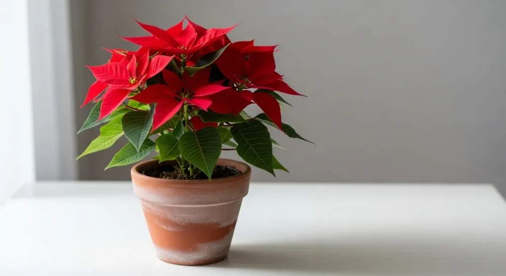 Red poinsettia plant on a white background.