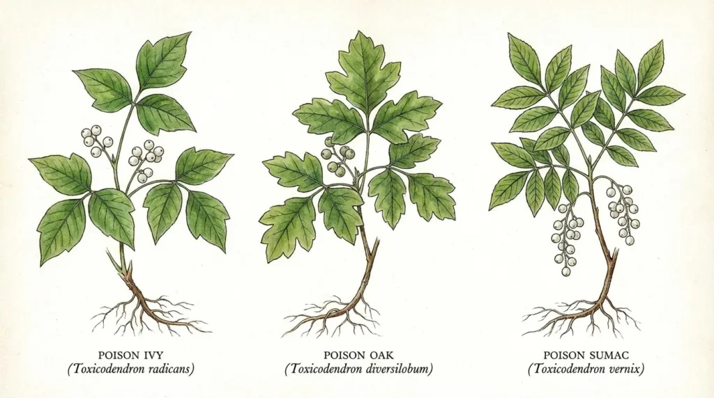 Side-by-side comparison illustration of poison ivy, poison oak, and poison sumac leaves for identification