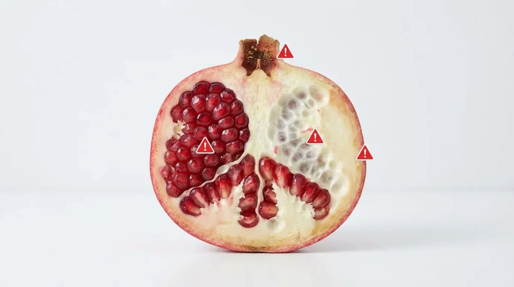 Cross-section diagram of a pomegranate showing seeds, rind, peel, and stem with warning labels for dog safety