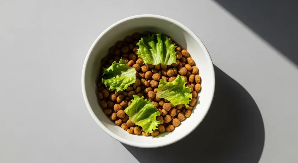 Small pieces of lettuce in cat bowl.