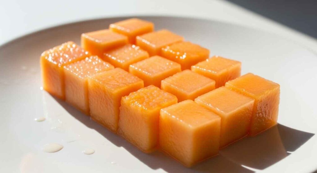Cubes of cantaloupe flesh cut for dog treats.