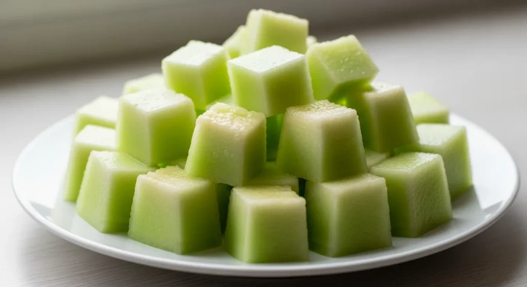 Bite-sized honeydew melon pieces for safe dog feeding.