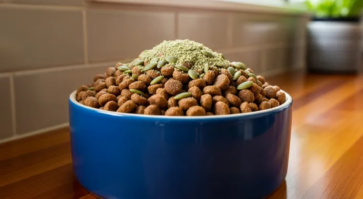 Bowl of dog kibble topped with ground pumpkin seed powder.