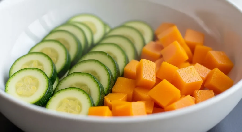 Steamed zucchini and butternut squash pieces in a bowl.