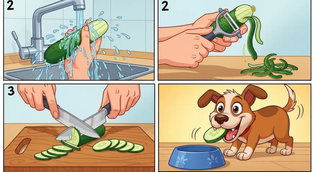 Step-by-step images of washing, slicing, and serving cucumbers to a dog.