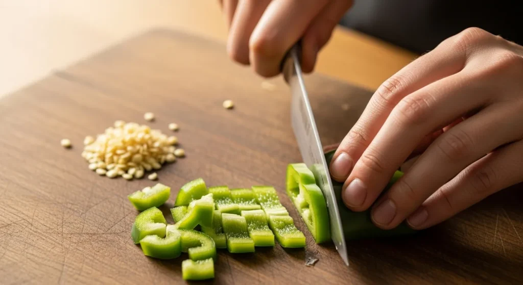 Hands cutting green bell pepper for dog treat.