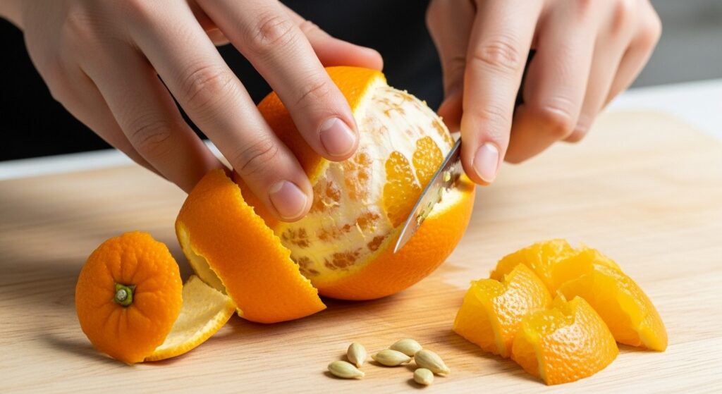 Hands peeling and slicing an orange for a dog.