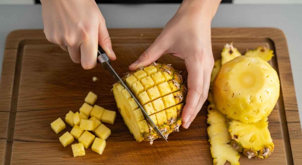 Hands slicing pineapple into small pieces for dogs