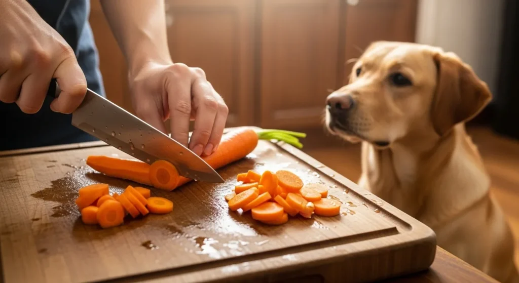 Person preparing safe vegetables for their dog.
