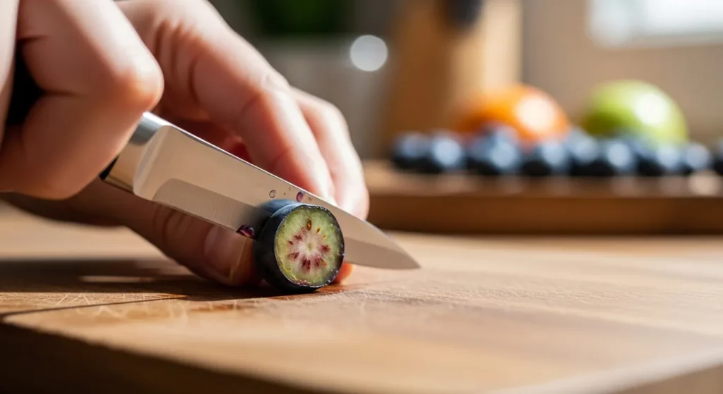 Hand slicing a blueberry in half on a cutting board for a cat.