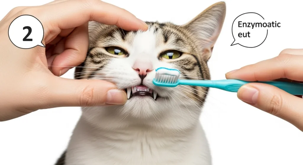Person brushing cat teeth for dental health