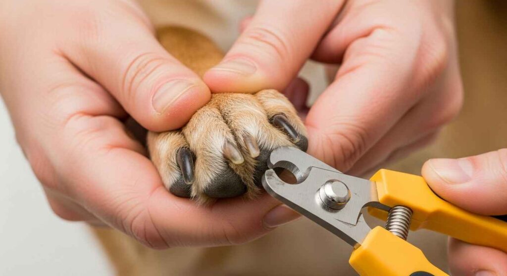 Hands demonstrating proper grip on dog paw for nail trimming