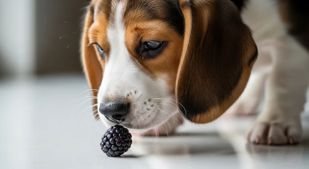 Beagle puppy sniffing a single blackberry on a gray surface