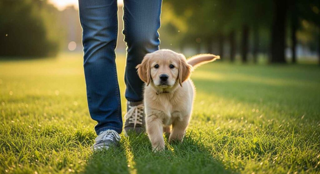 Puppy following owner in a park