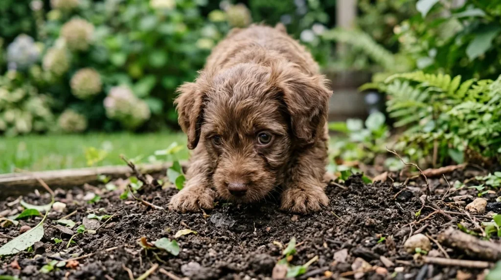 Puppy looking at dirt - common questions about dogs eating dirt