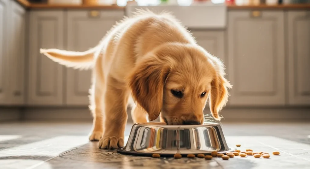 Young puppy eating rapidly from food bowl
