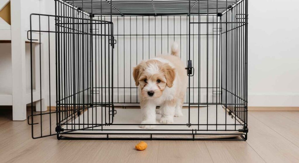 Puppy stepping into crate with treat.
