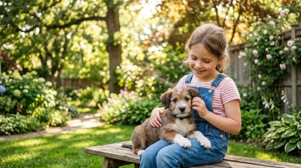 Young puppy being socialized with a child outdoors during the critical development window
