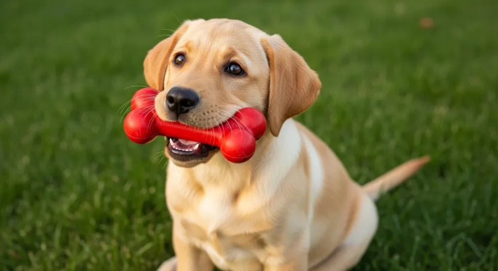 Young puppy happily gnawing a rubber toy during teething phase.