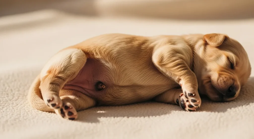 Newborn puppy showing umbilical cord stump.