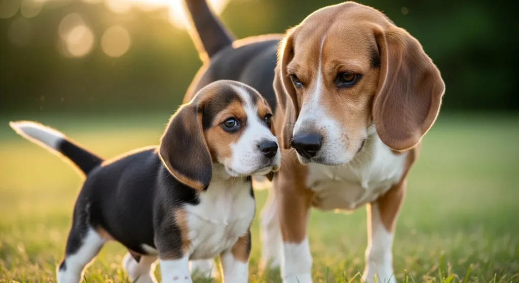 Young beagle with tail wag.