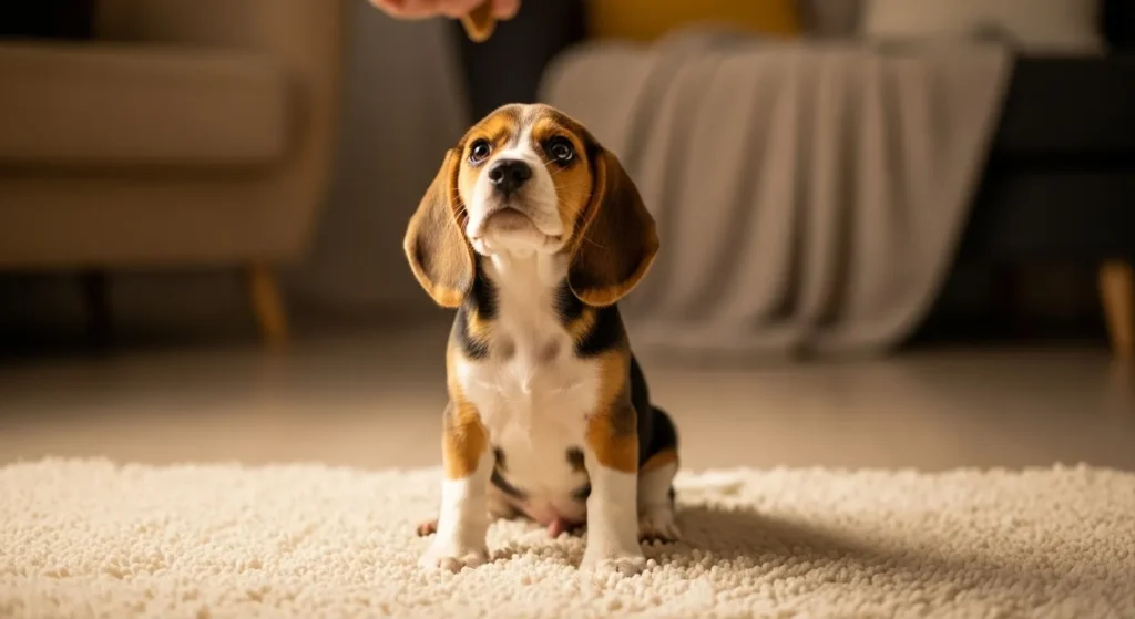 Puppy sitting attentively during training